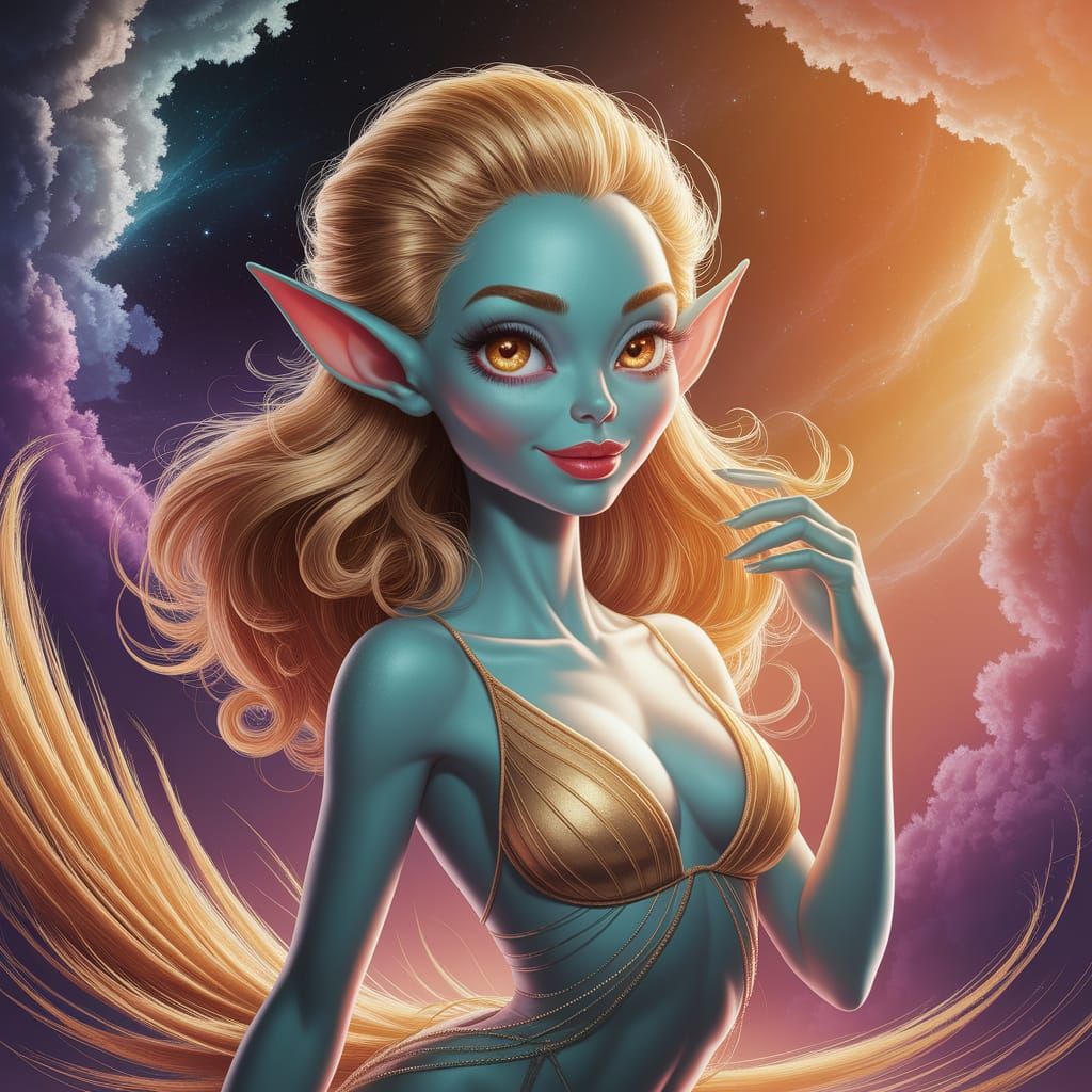 Ethereal Alien Goddess in Whimsical Nebula Landscape