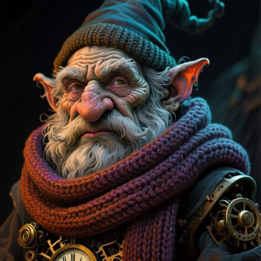 Grizzled Gnome Sorcerer with Knit Scarf, Detailed Concept Ar...