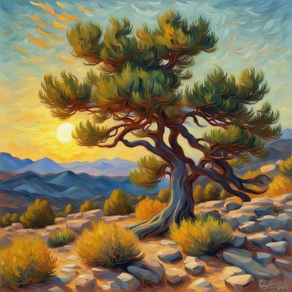 Juniper Tree Impressionist Landscape at Sunset