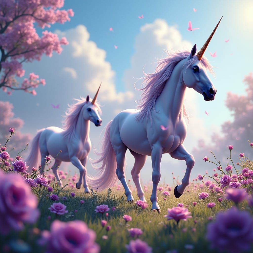 Majestic Unicorns Prance in a Tapestry of Purple Roses