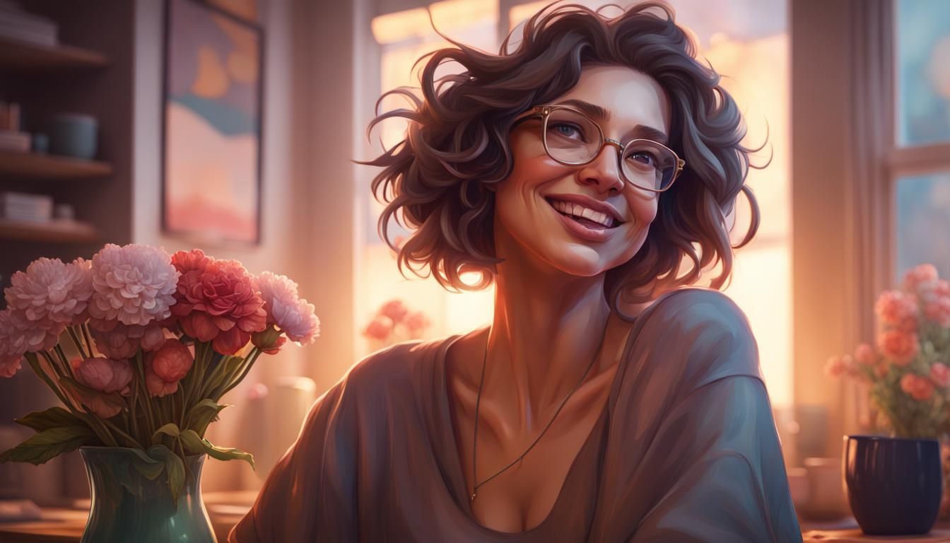 Cozy Home Movie Night Portrait in Art Nouveau Style