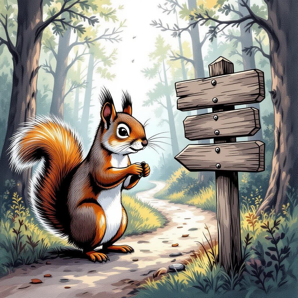 Mischievous Squirrel Switches Signposts in Black Ink Style