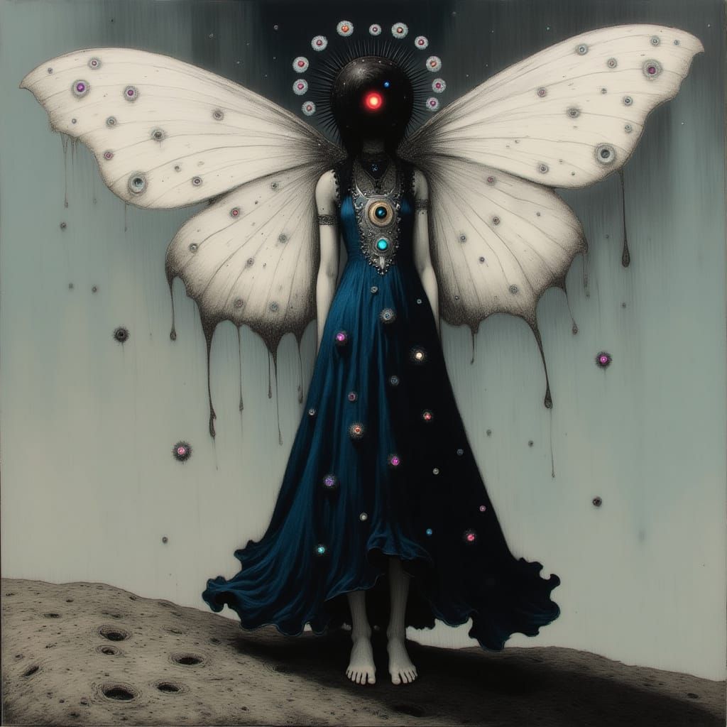 Surreal Goddess with Ethereal Moth Wings in Dark Fantasy Art