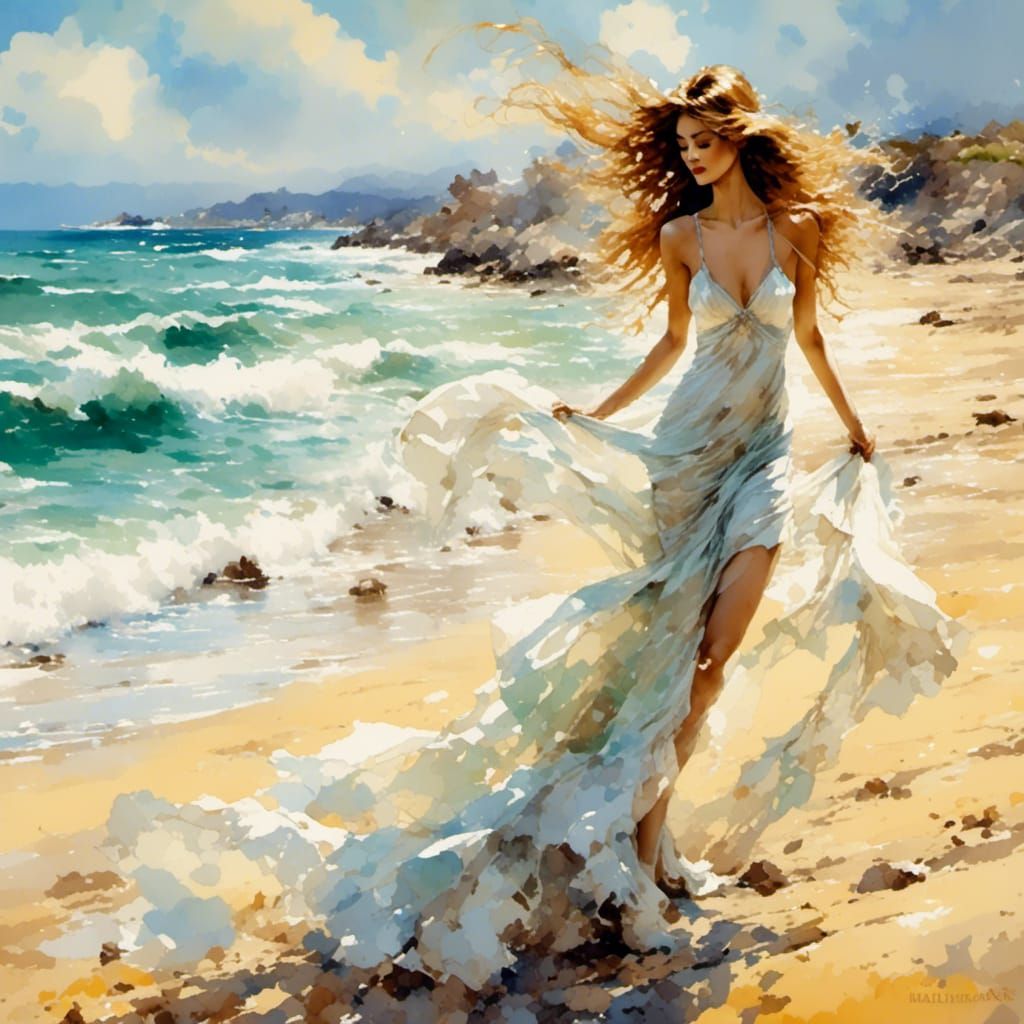Woman on Beach in Fashion Illustration Style