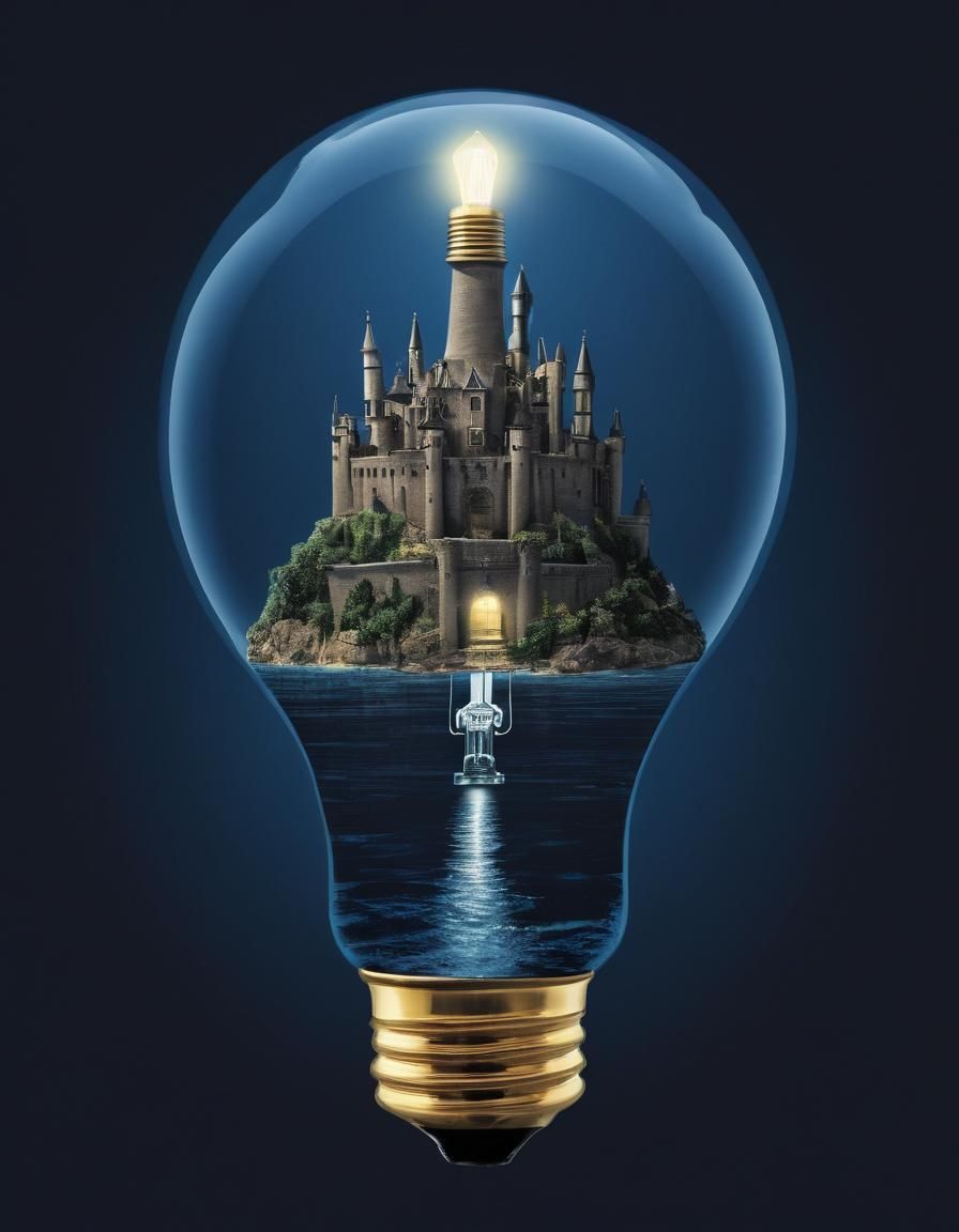 Magical Island Inside Lightbulb: Dreamlike Digital Art