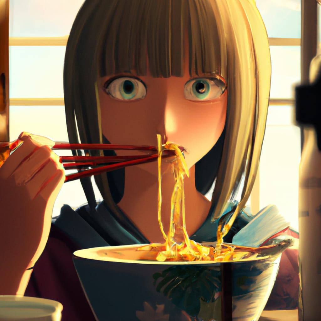 Anime Girl Eating Noodles, Ghibli Style
