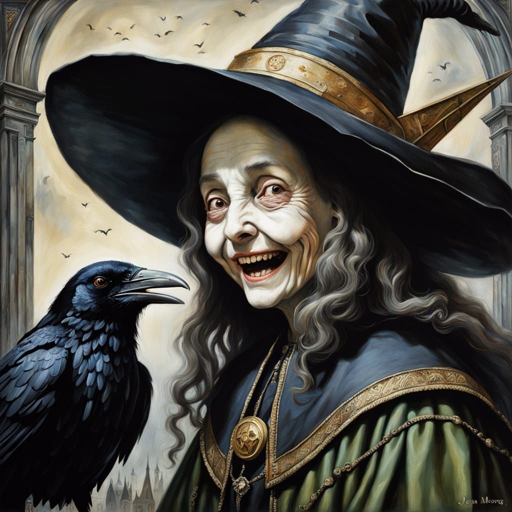 Atmospheric Portrait of a Laughing Witch with Raven