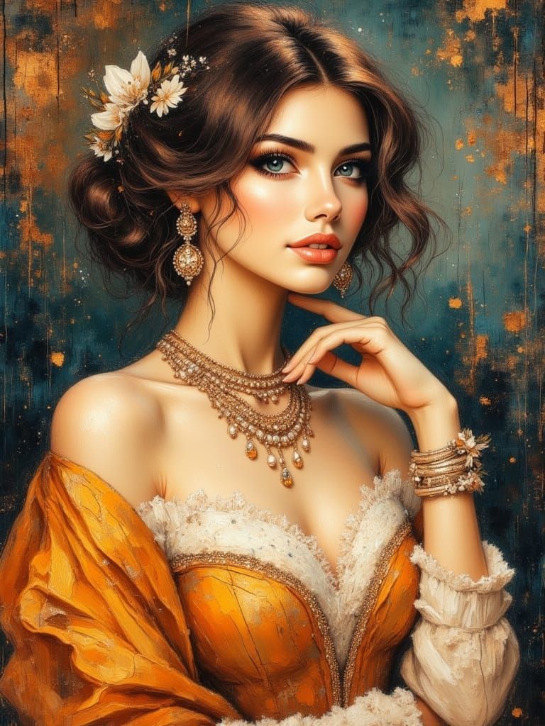 Elegant Woman Descends Grand Staircase in Opulent Gown