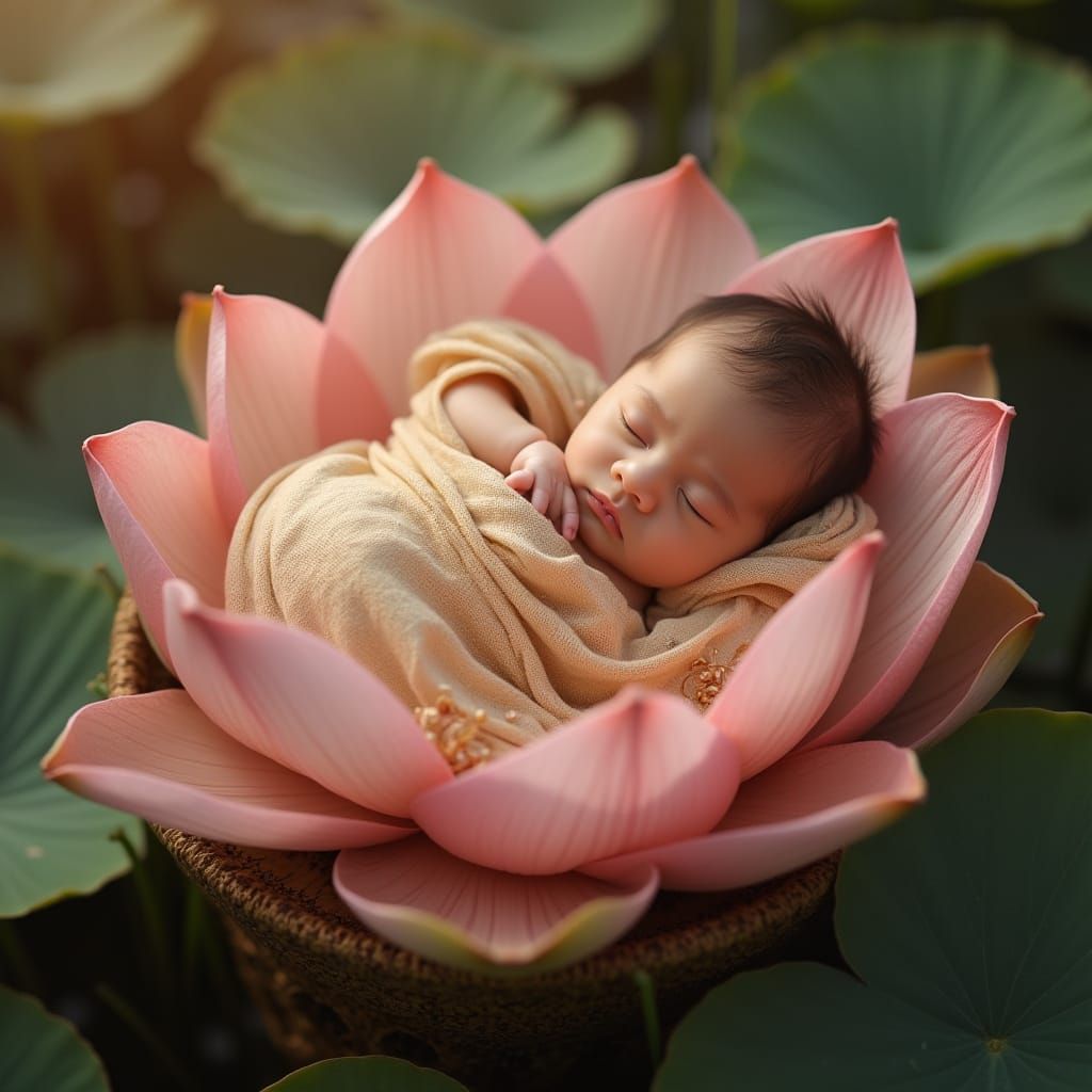 Sleeping Baby in Lotus Blossom Cradle