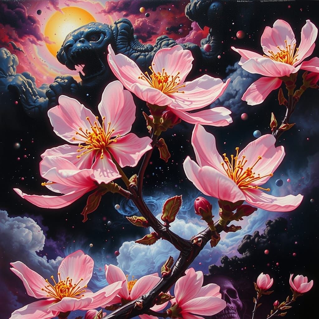 Cherry Blossoms in Hellish Nebula, Surreal Art