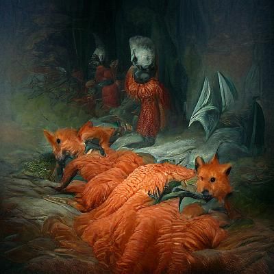 Eerie Orange Foxes in Dark Engraving Style