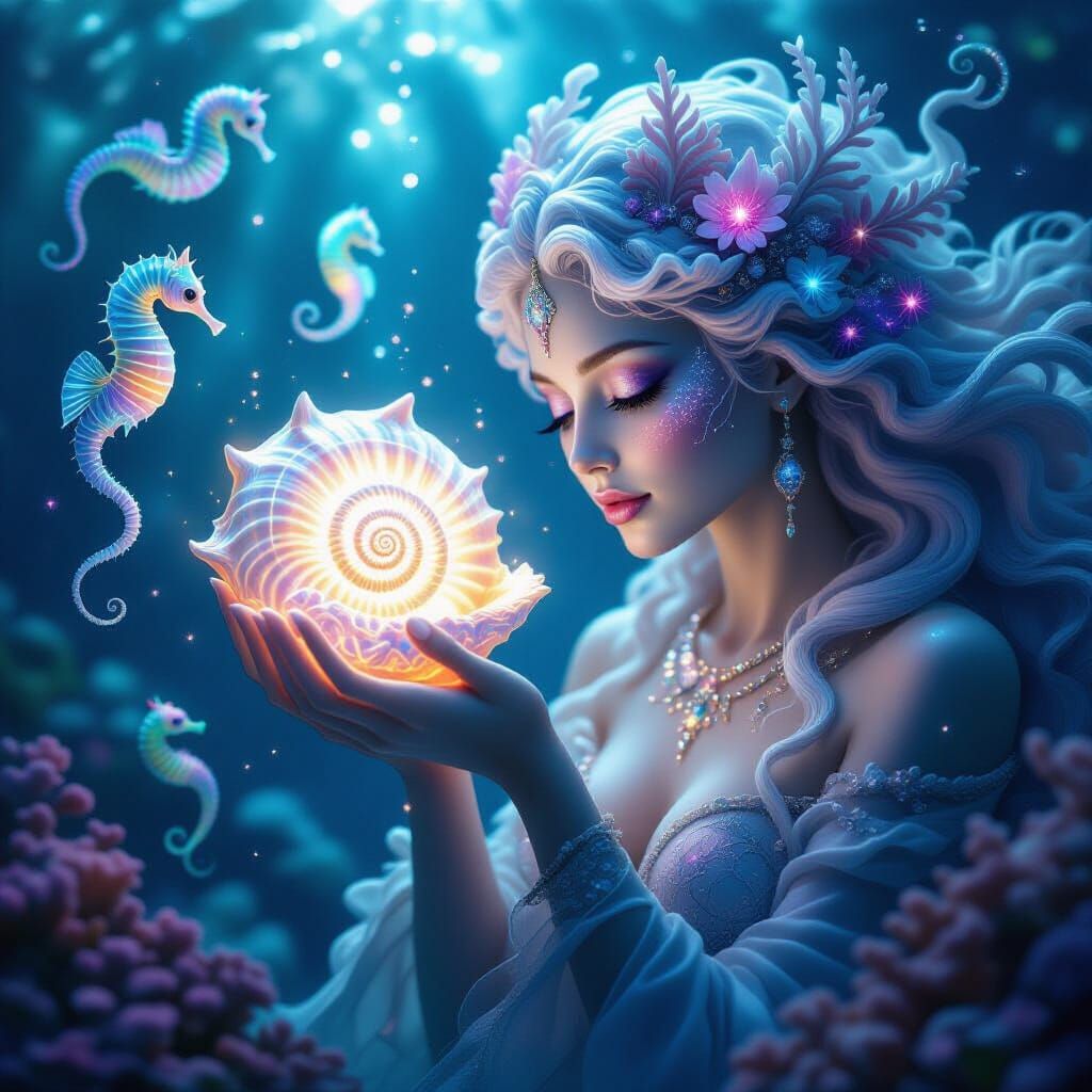 Underwater Goddess Cradles Glowing Seashell in Dreamlike Fan...