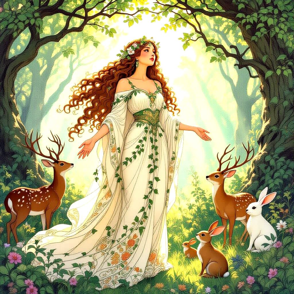 Forest Goddess in Art Nouveau Style Clearing