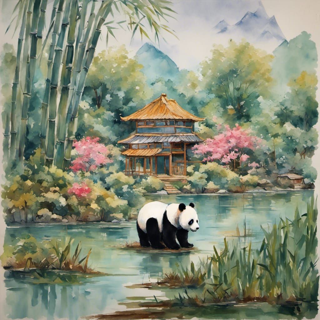 Panda in Bamboo Forest: Gouache Watercolor Painting