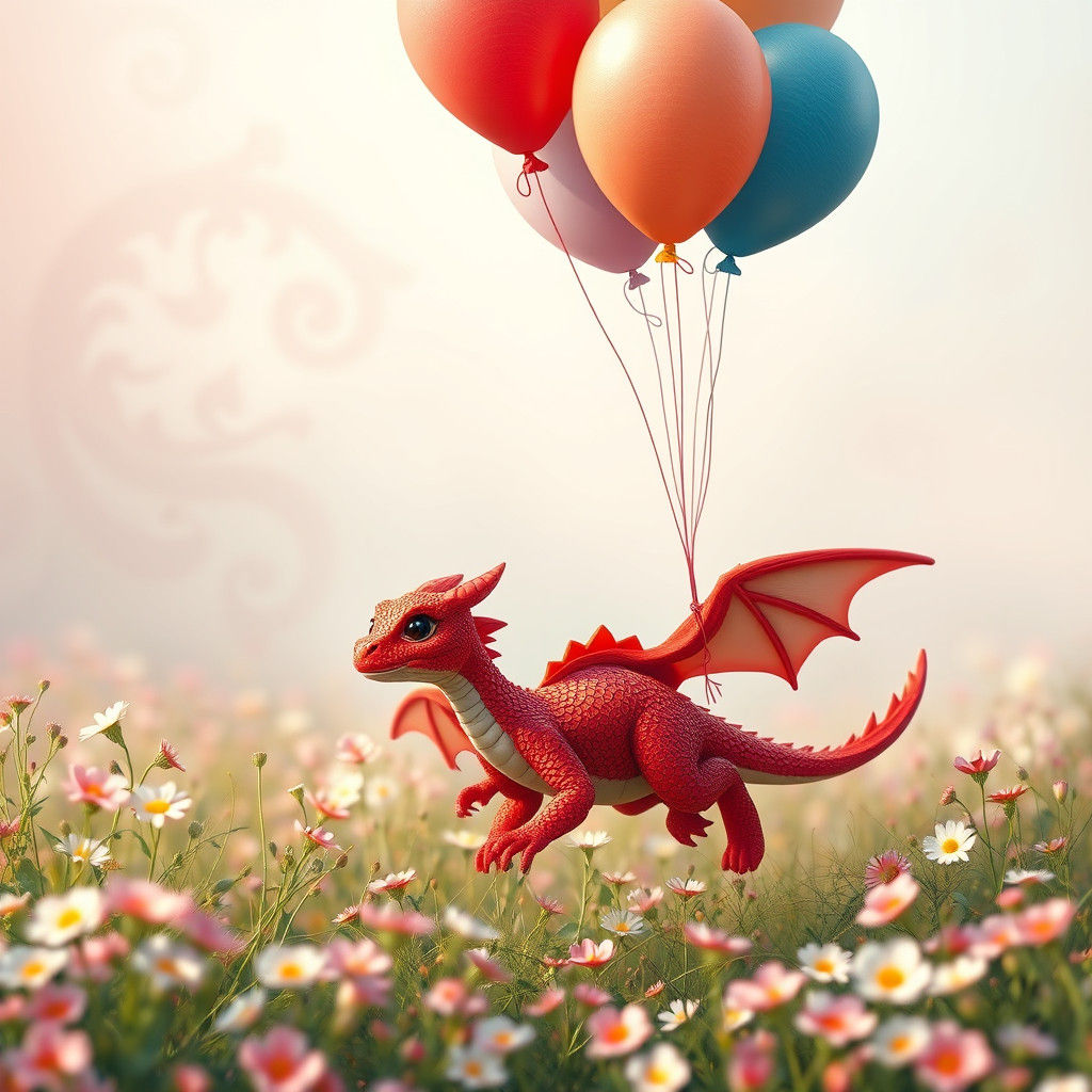 Joyful Red Dragon Running with Balloons