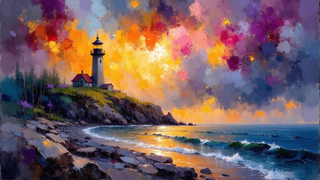 Lonely Lighthouse Line Art with Electric Flourishes