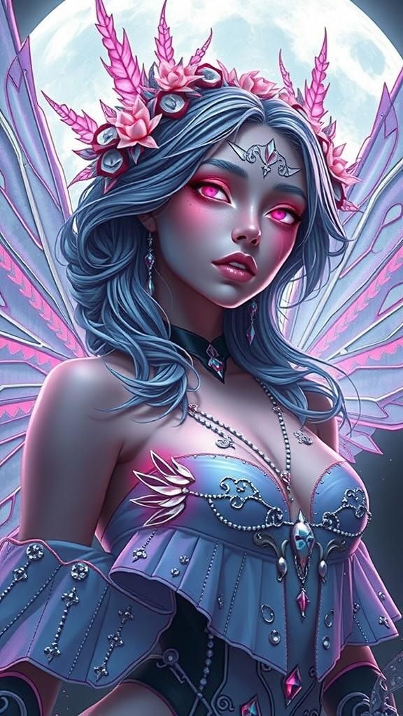 Cosmic Fairy Vampiric Goddess in Moonlight: Digital Painting