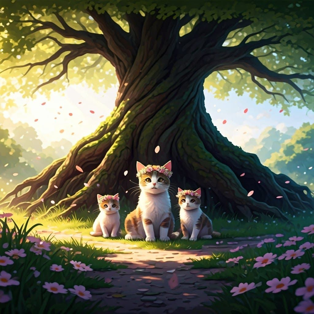 Kittens with Flower Crowns in Anime Style