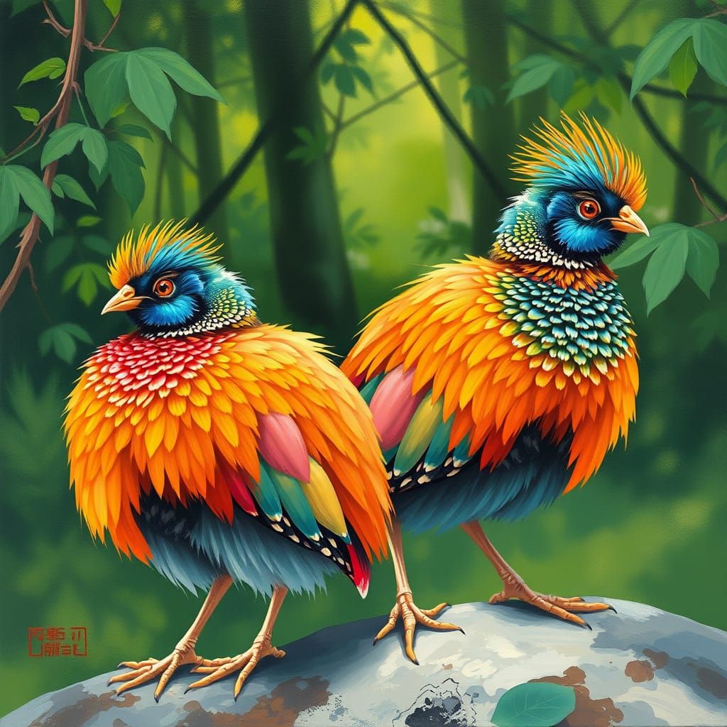 Iridescent Quail in Lush Forest, Whimsical Art