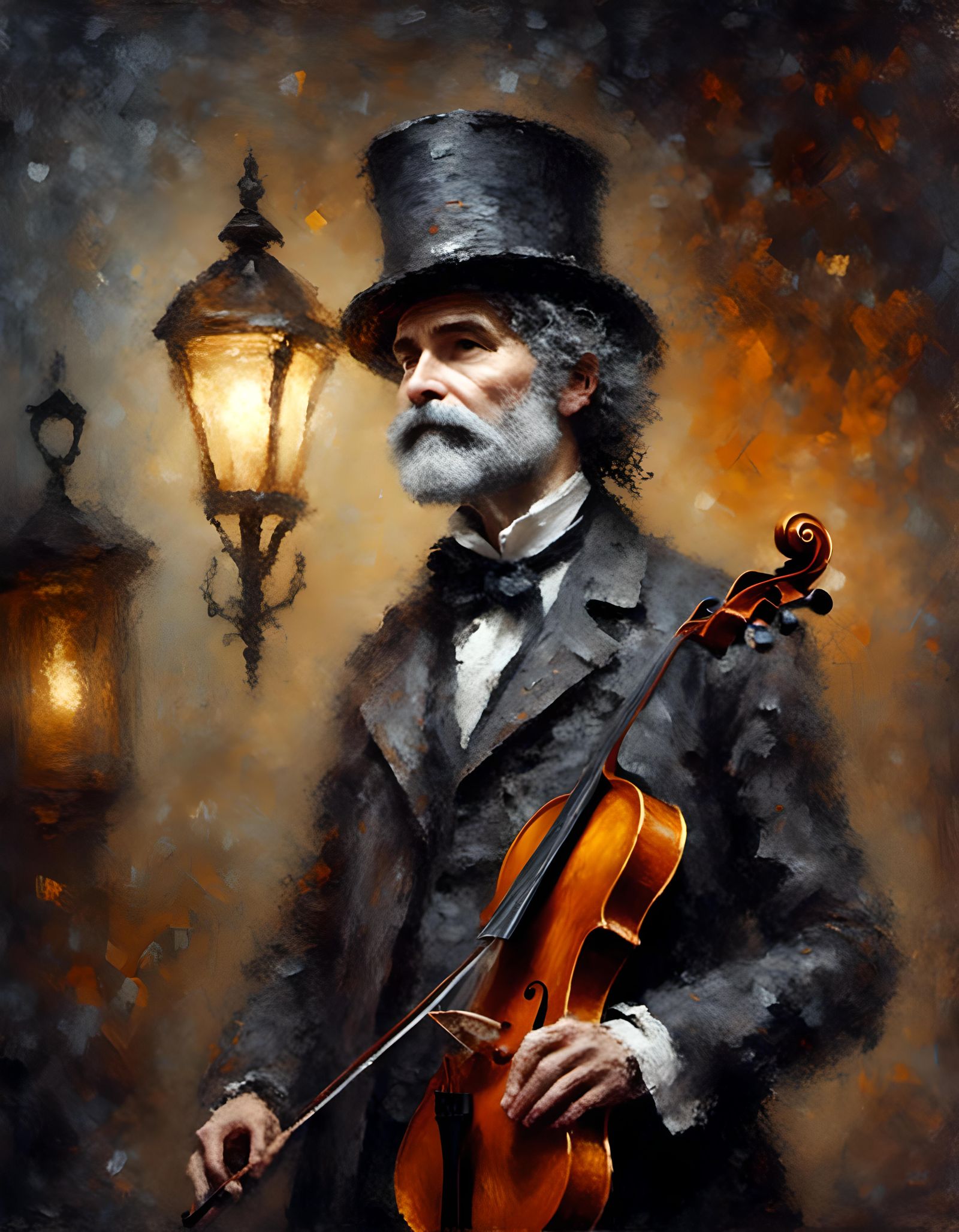 Ghoulish Boy's Victorian Violin Serenade as Impasto Painting
