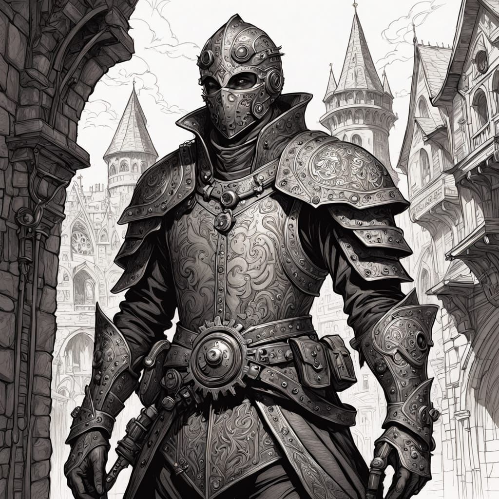 Clockwork Thief in Medieval City Pencil Sketch