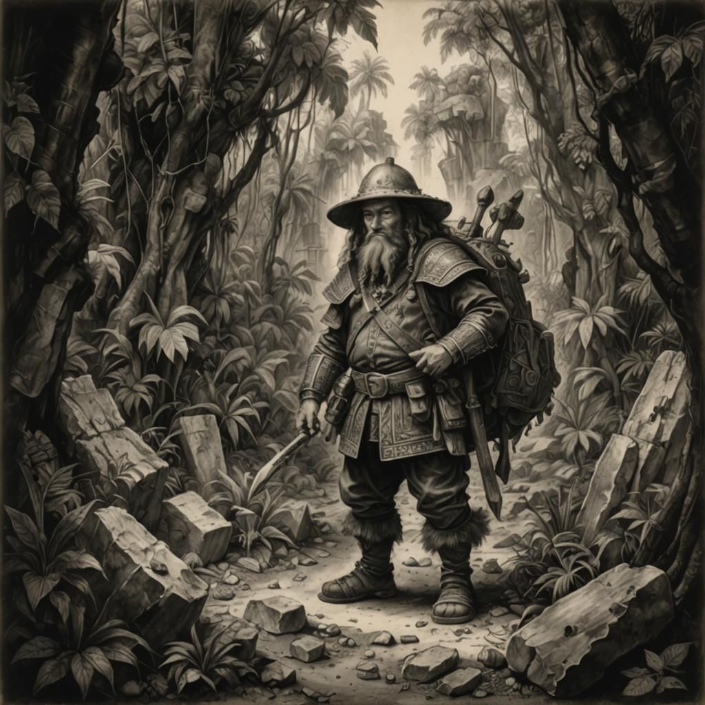 Dwarf Explorer in Jungle, Charcoal Drawing Style