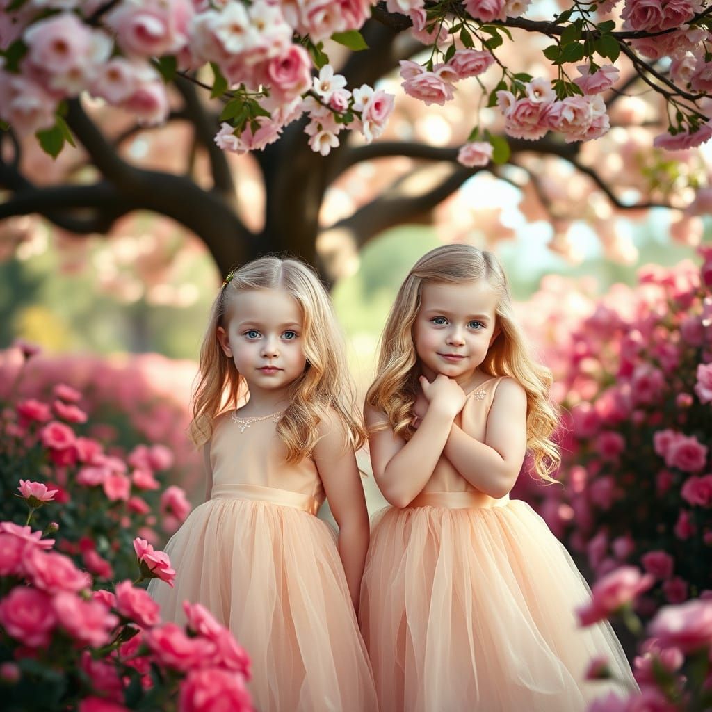 Cute Identical Twin Girls Pose in Spring Garden