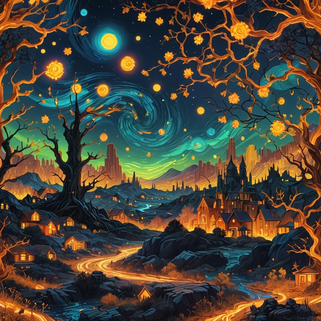 Neon Starry Night: A Van Gogh Inspired Digital Painting