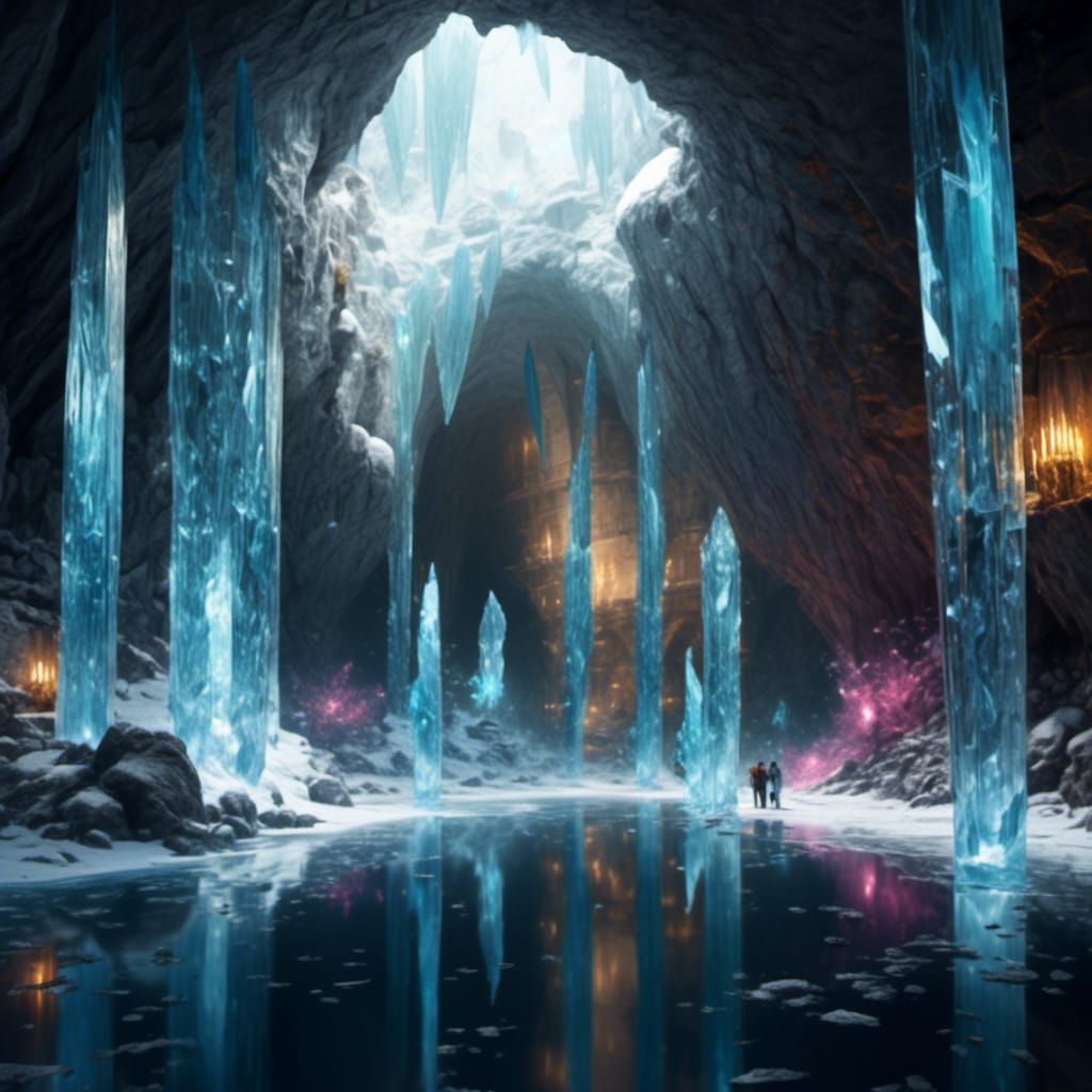 Underground Ice Cave with Rainbow Water and Dragons