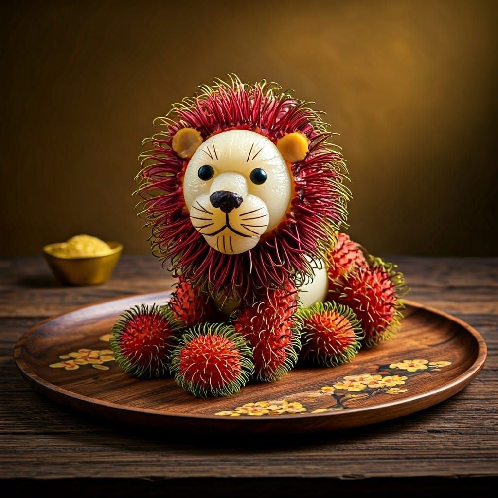 Surreal Lion Sculpture from Rambutan Fruit in Traditional As...