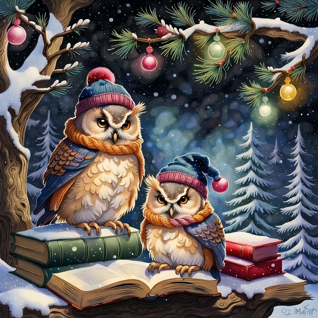 Owls in Hats on Snowy Branch, Fairycore Art