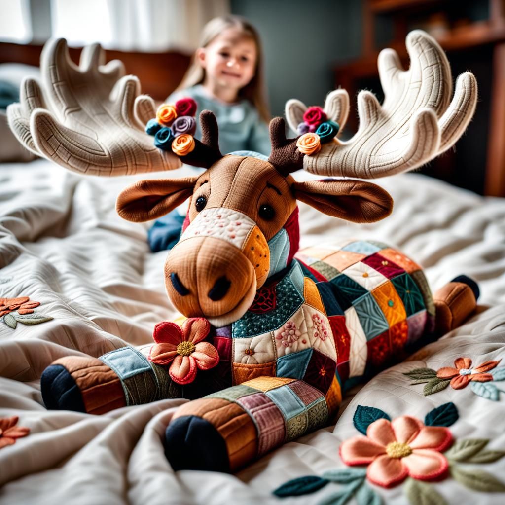 Child Hugs Patchwork Moose Stuffed Animal