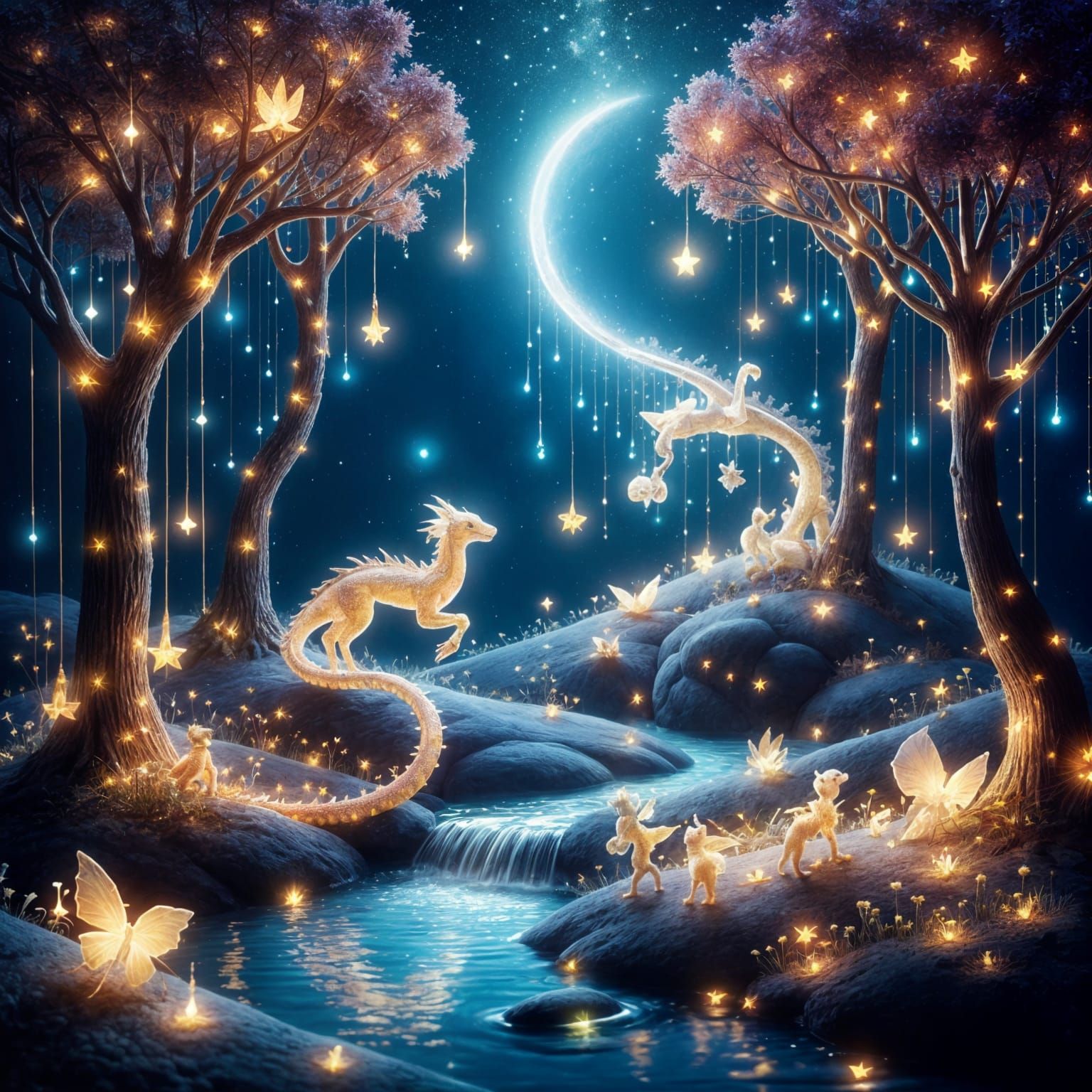 Cosmic Fairy Dragon in a Starry Night Forest