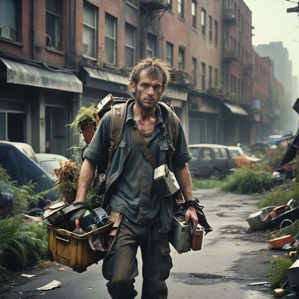 Post-Apocalyptic Scavenger in Overgrown City Ruins