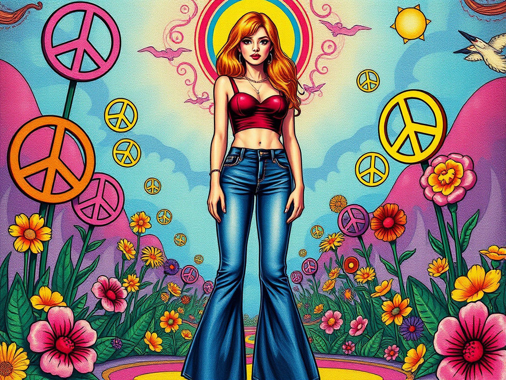 Stylish Woman in Bell-Bottoms, Psychedelic 1960s Art