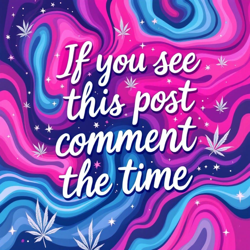 Psychedelic Cannabis Art in Bold Cursive Pink and Blue