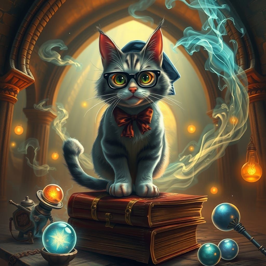 Whiskered Professor Cat in Mystical Setting