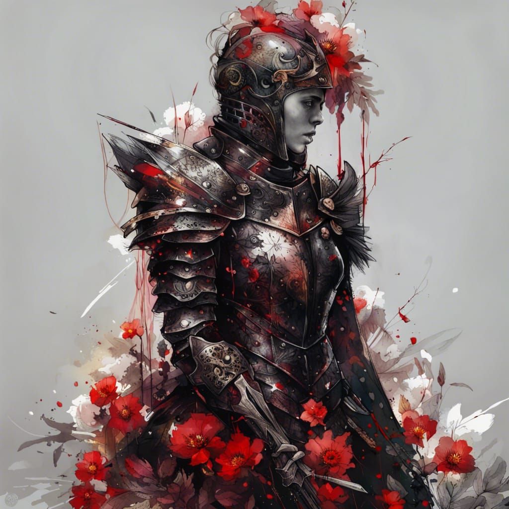Beautiful Knight in Red Armor, Digital Art