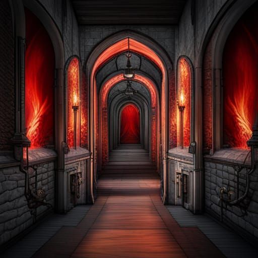 Hyperrealistic Vampire in Gothic Dungeon with Red Flames