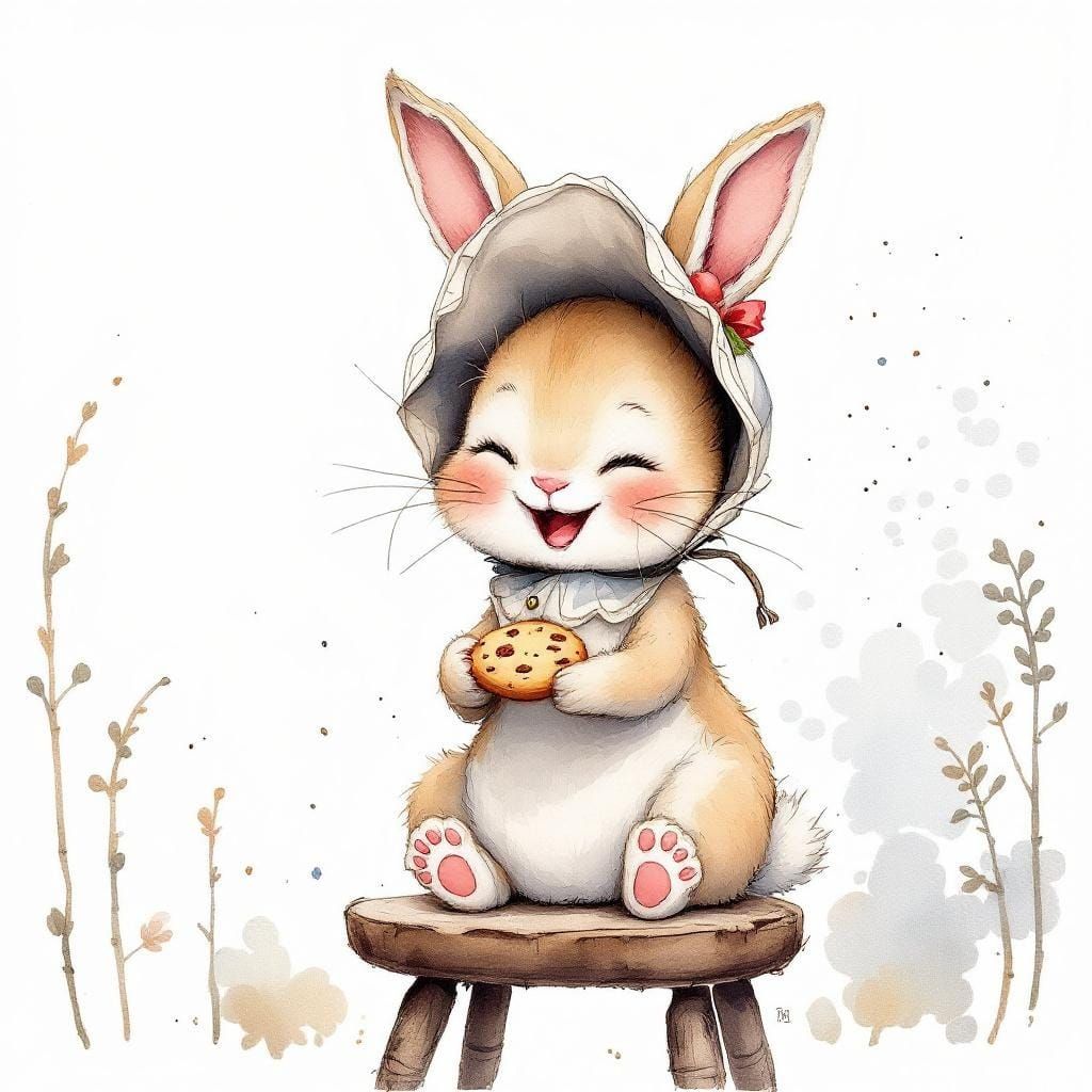 Happy Bunny with Cookie in Watercolor Style
