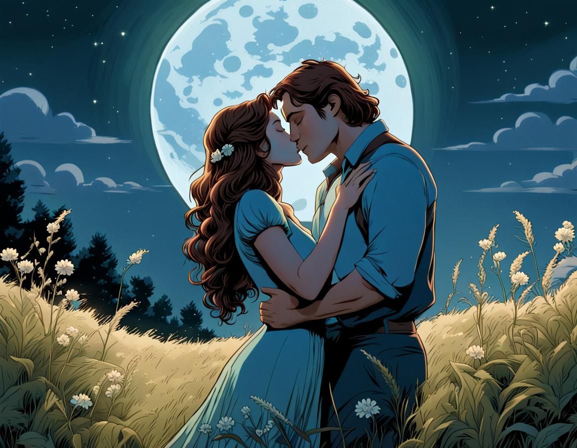 Romantic Kiss Under Moonlight: Cel-Shaded Comic Art