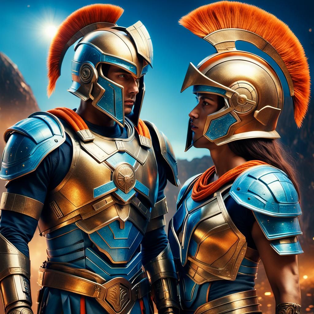 Pareja real de dos personas besándose, mostrando su amor.La pareja están vestidos de guerreros espartanos, con el casco ...