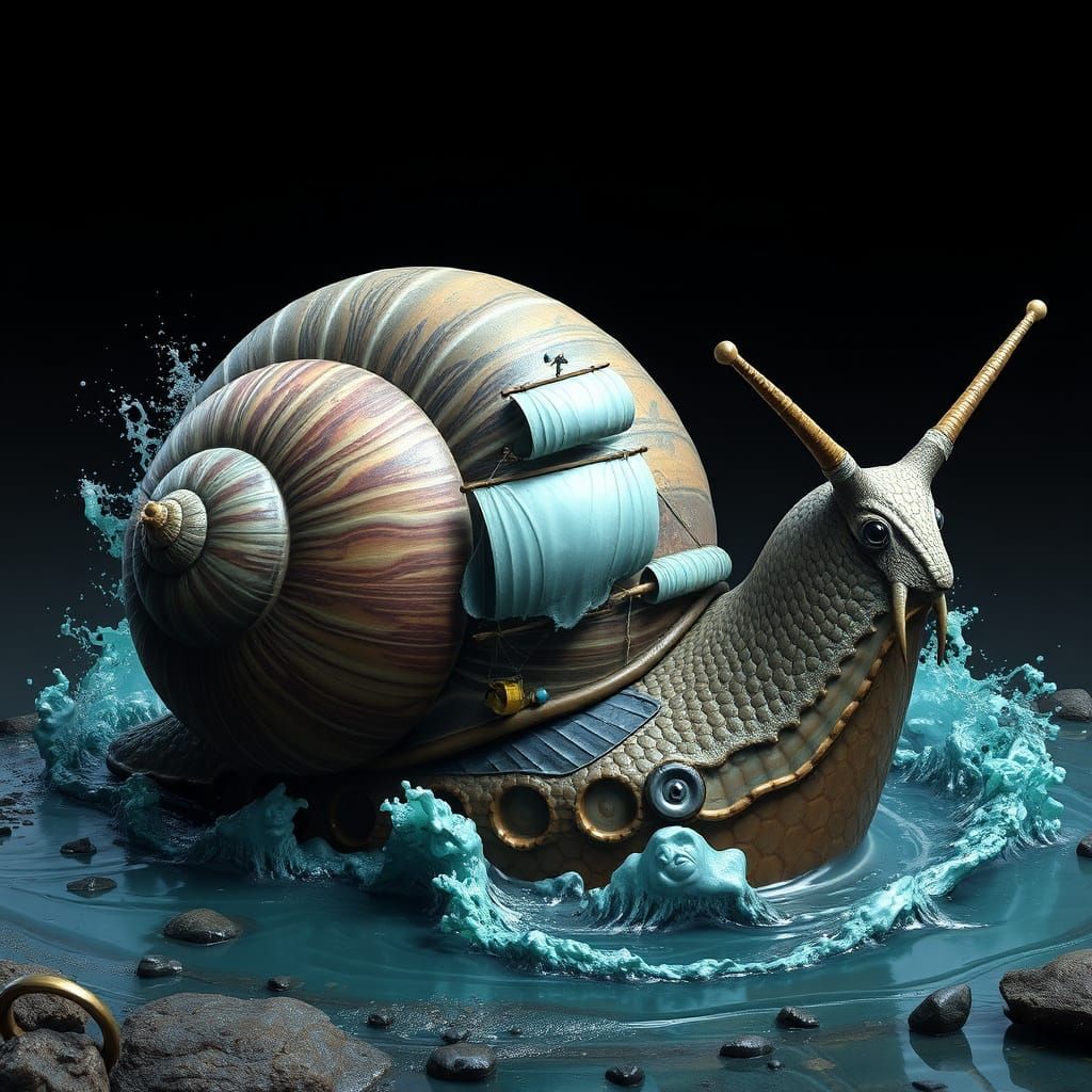 Epic Hyperrealistic Snail with Pirate Ship Scene