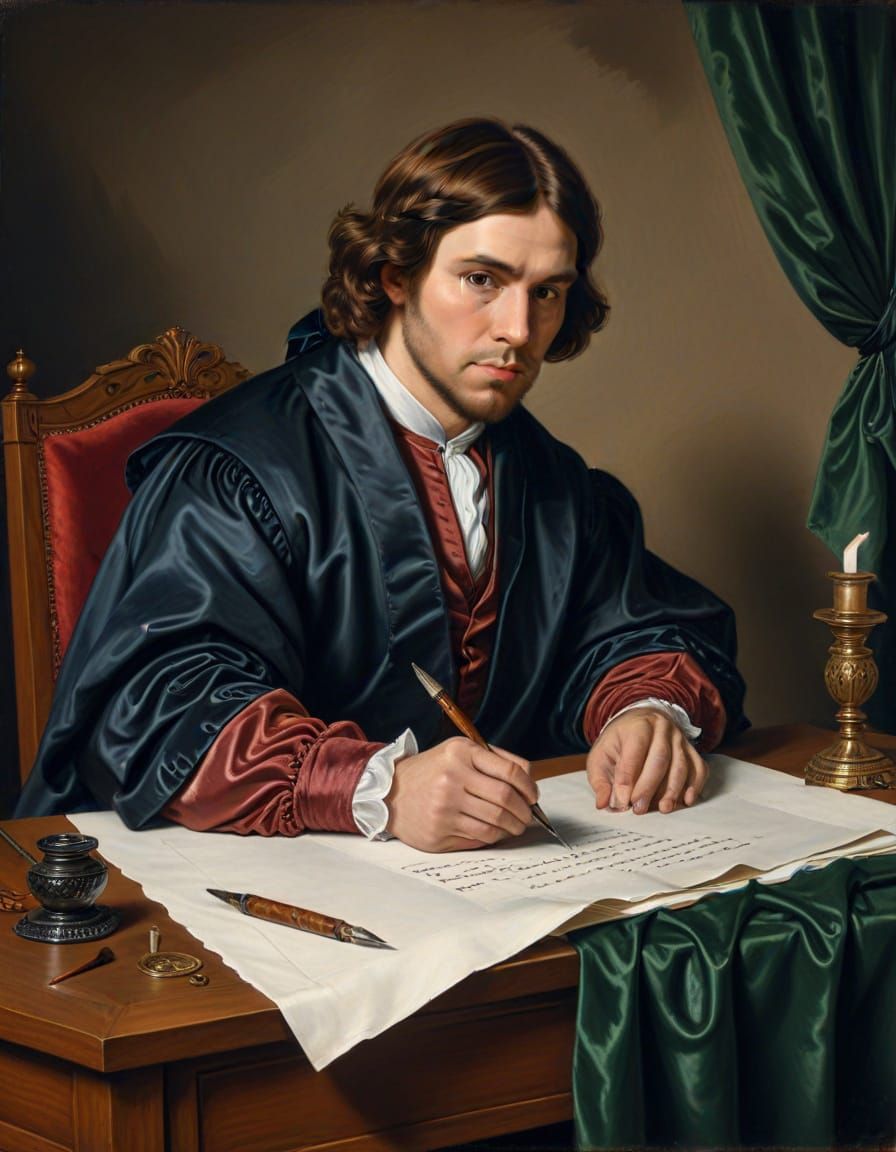Realistic Oil Portrait of a Man Writing