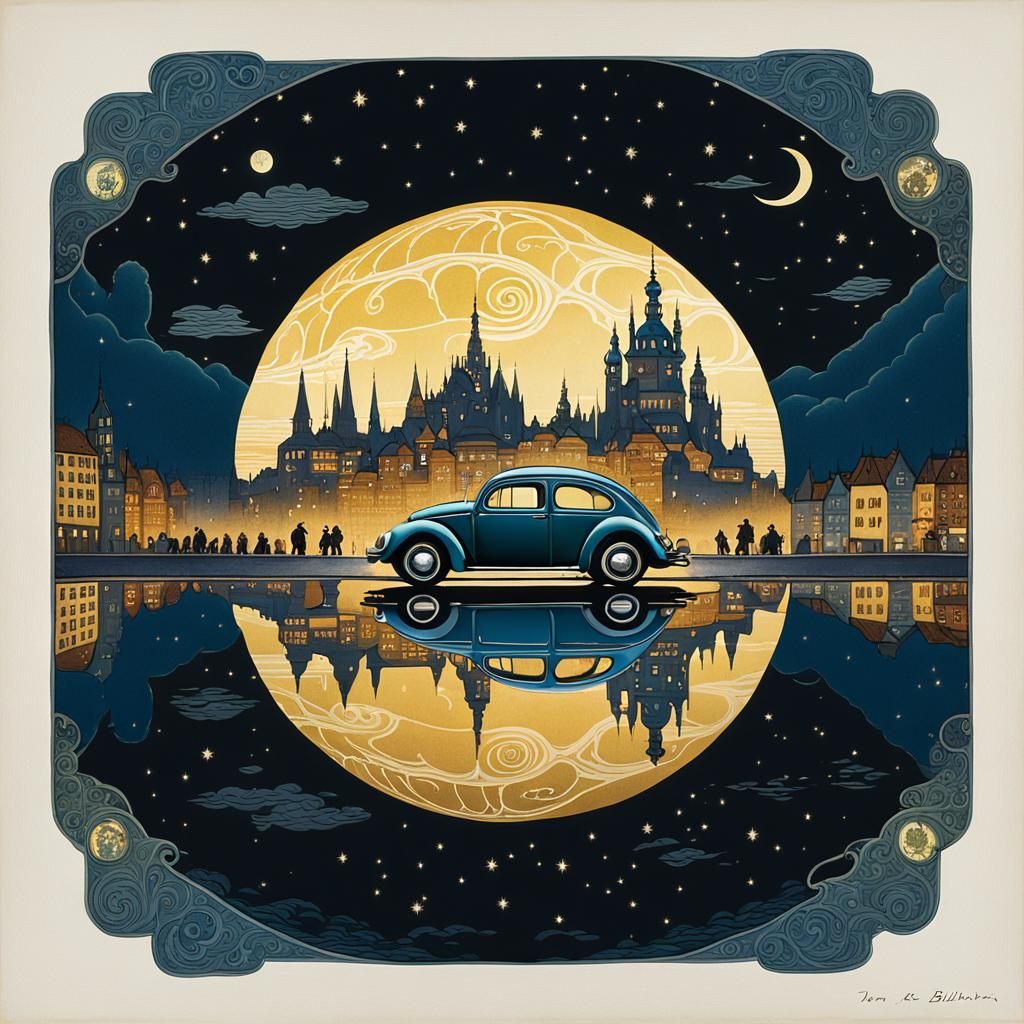 Volkswagen Beetle in Fantasy Landscape by Bilibin