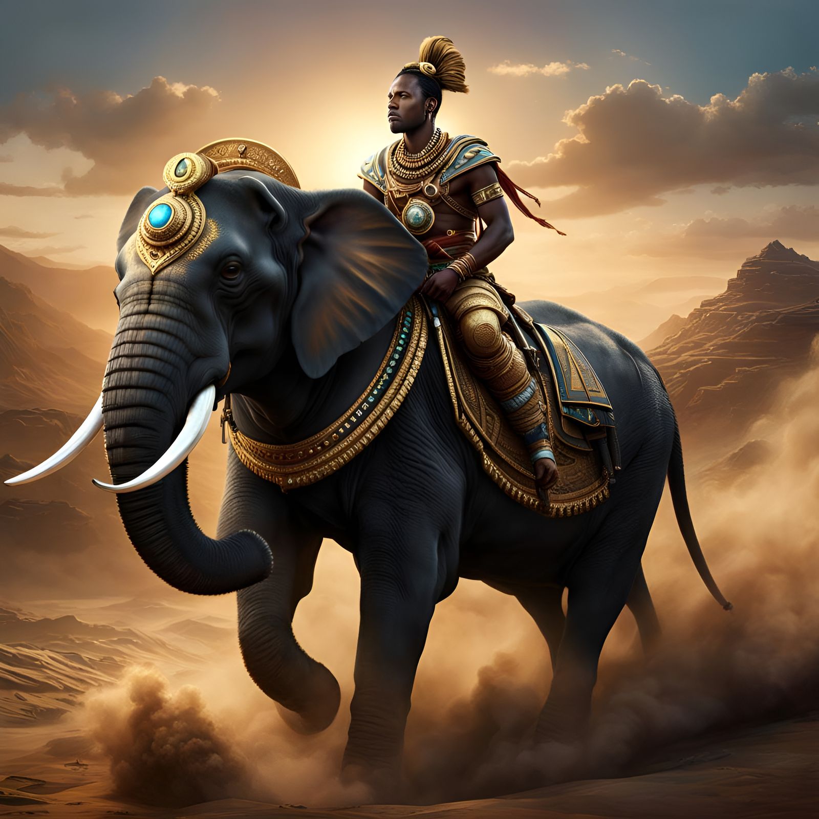 Nubian Warrior on Black Elephant: Hyperrealistic Portrait