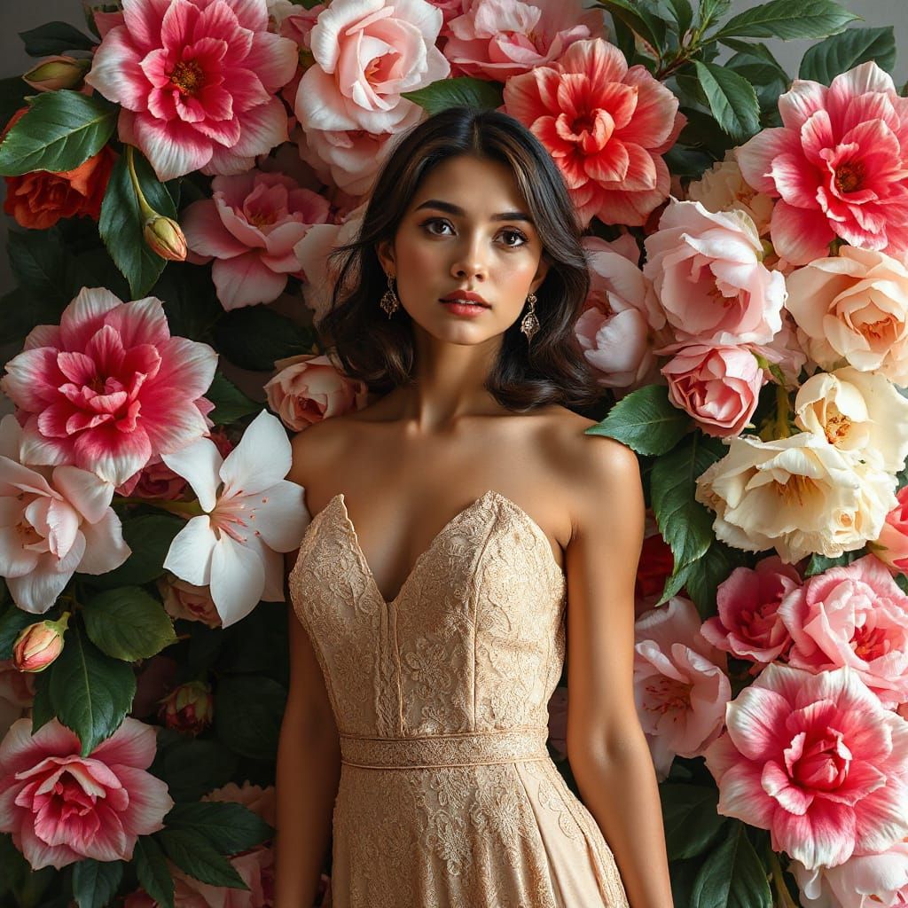 Pamela Amidst Flowers: A Moment of Indecision