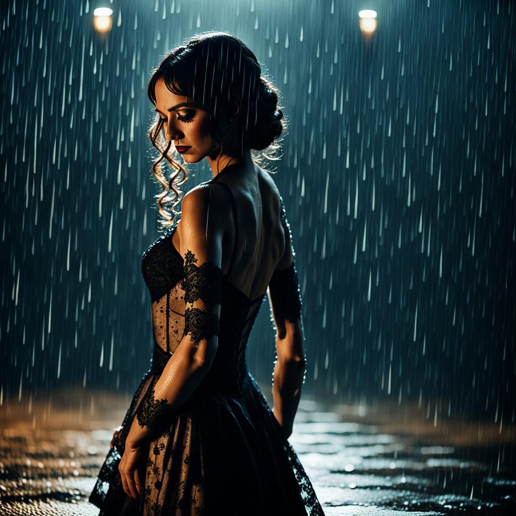 Burlesque Singer in Rain: Hyper-Realistic Cinematic Portrait