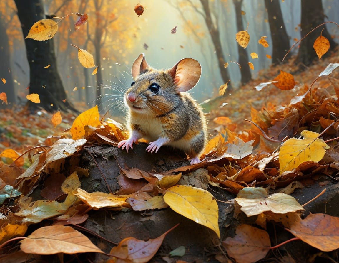 Adorable Mouse Jumps into Autumn Leaves in Leroy Neiman Styl...