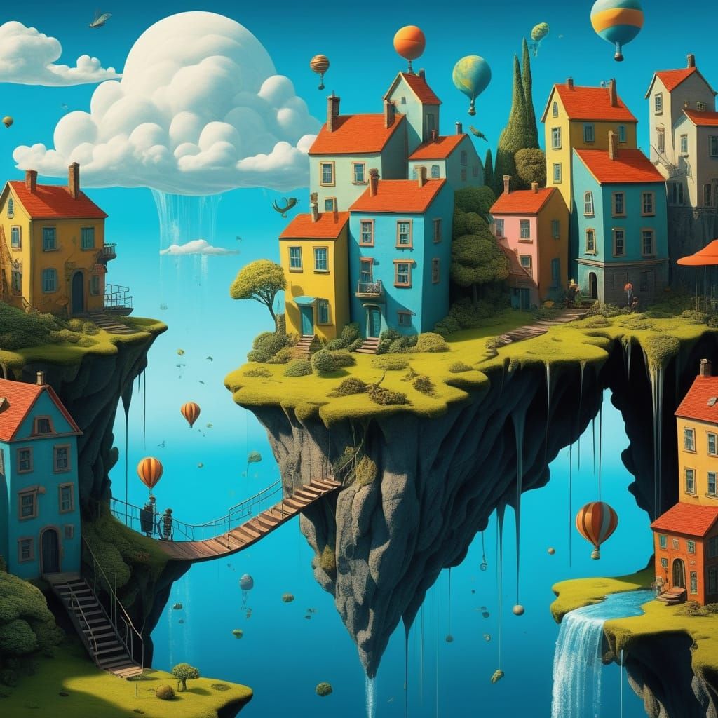Surreal Dreamscape with Floating Buildings and Upside-Down T...